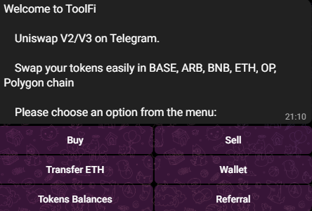 Feature ToolFiBot Container - Trade, Swap and manage crypto in Telegrzm